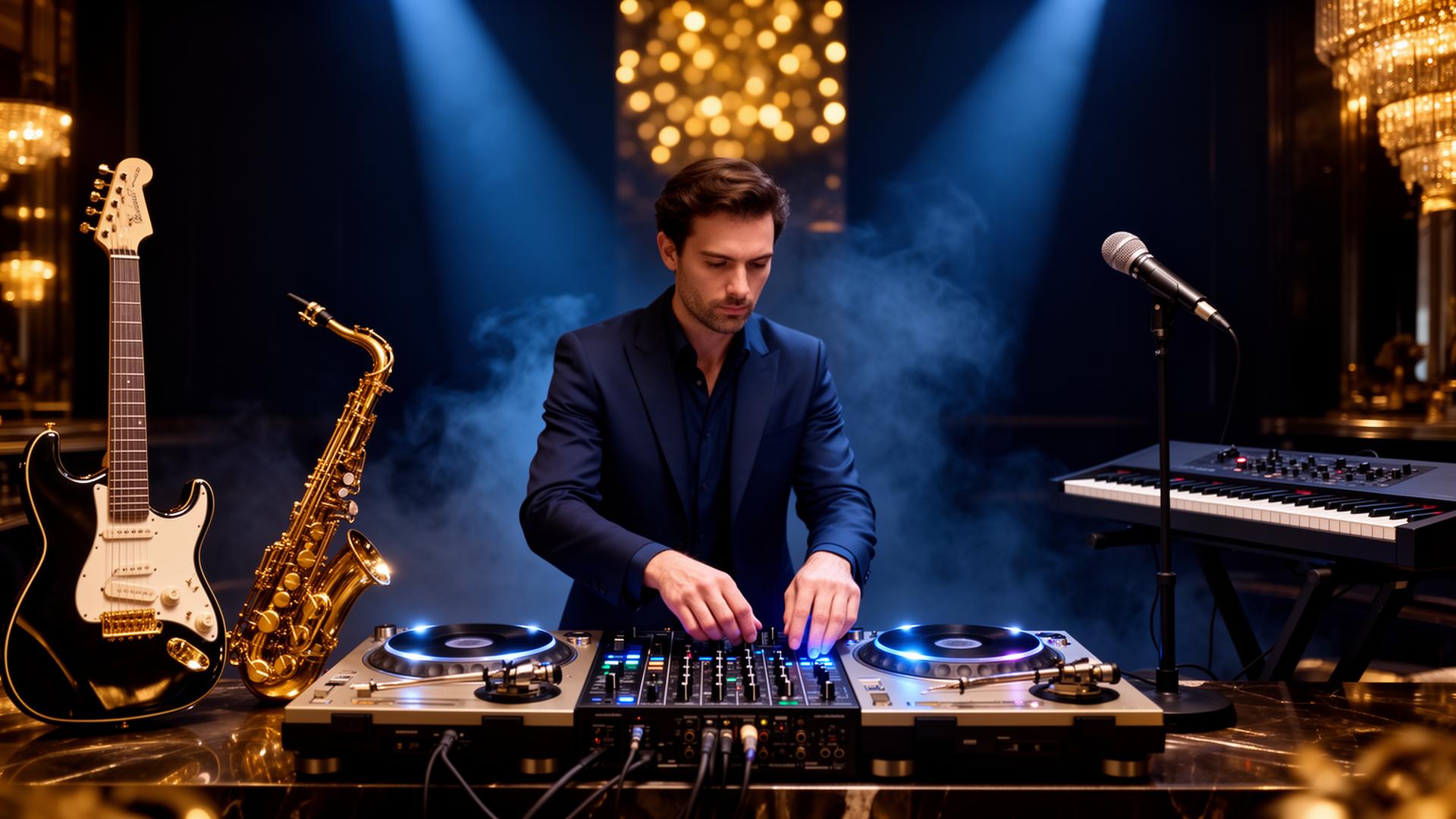 DJ tocando na mesa de mixagem cercado por instrumentos musicais