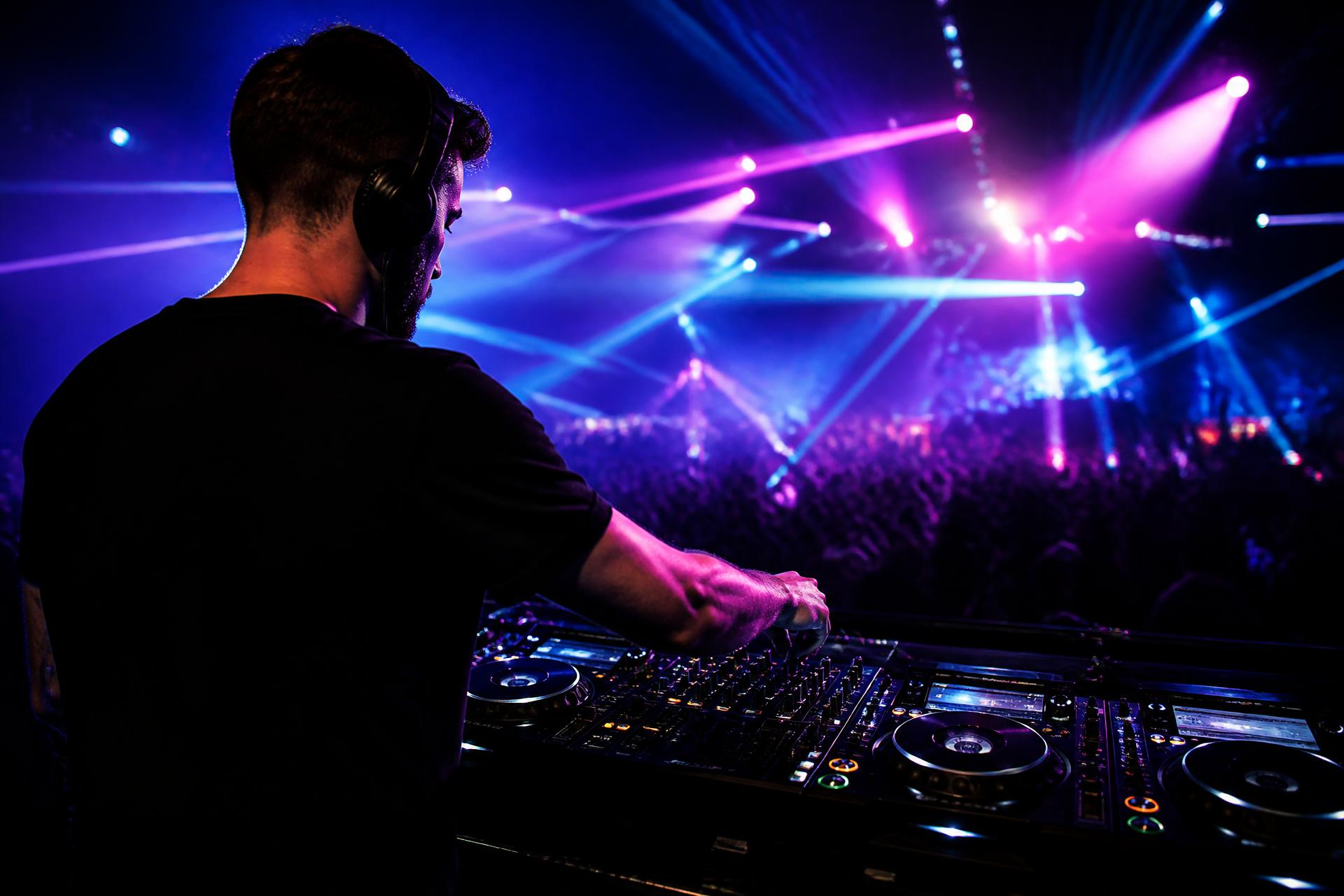 DJ tocando à noite com luzes e lasers